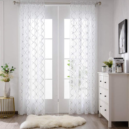 White and Silver Sheer Curtains 84 Inches Long Rod Pocket Moroccan Shiny Metallic Print Voile for Living Room 2 Panel W52 X L84 Inches