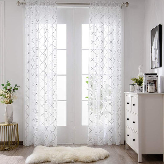 White and Silver Sheer Curtains 84 Inches Long Rod Pocket Moroccan Shiny Metallic Print Voile for Living Room 2 Panel W52 X L84 Inches