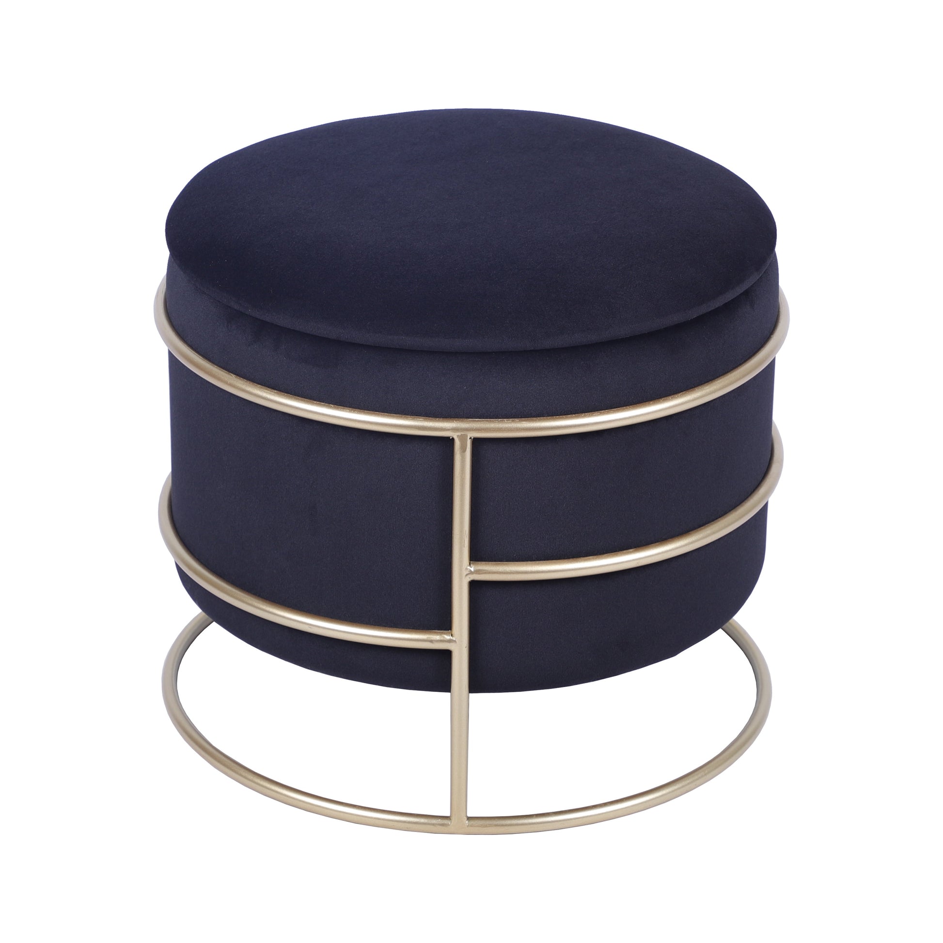 Elegant Velvet round Ottoman with Gold Frame and Storage, Black