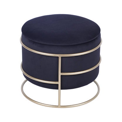 Elegant Velvet round Ottoman with Gold Frame and Storage, Black