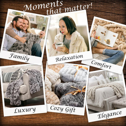 Premium Ruched Faux Fur Throw Blanket - Luxurious, Soft Reversible Mink Blanket - 50" X 65” - Cloud