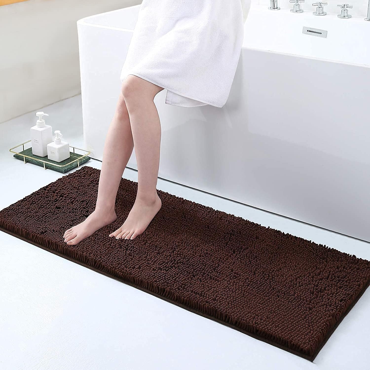 Luxury Chenille Bathroom Rugs, Extra Soft and Absorbent Bath Mat, Brown, 17"X47"
