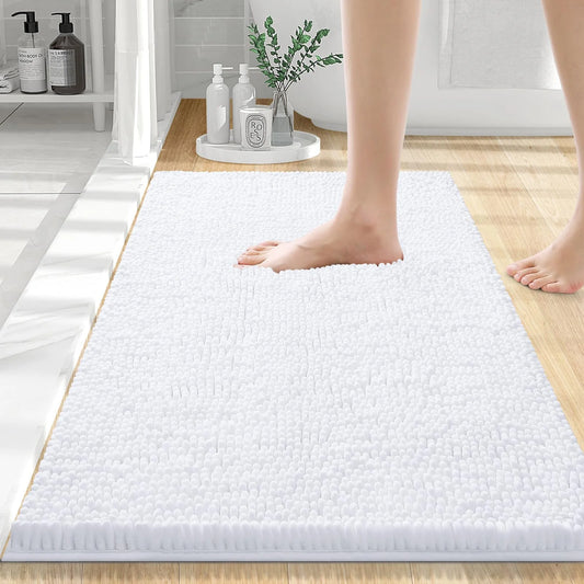 Luxury Chenille Bathroom Rugs, Extra Soft and Absorbent Bath Mat, White, 16"X24"