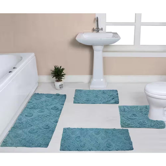 Modesto Bath Rug 100% Cotton Bath Rugs Set, 4-Pcs Set with Runner, Blue