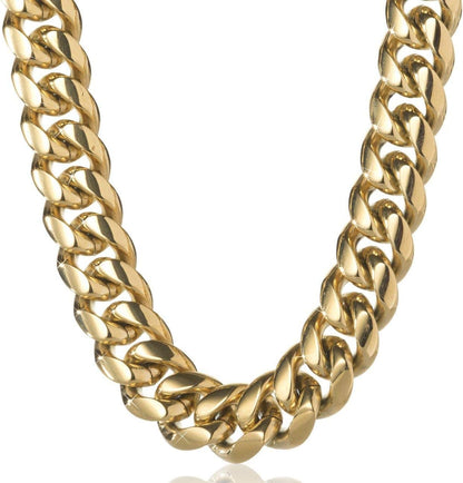316L Stainless Steel Miami Cuban Link Chain 14K or White REAL Gold Plated Hip Hop Necklace or Bracelet 8Mm-18Mm for Men Women(Custom Box and Pouch Packing, Christmas Gift)
