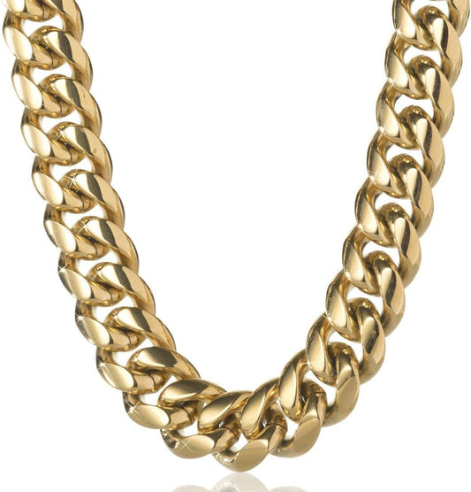 316L Stainless Steel Miami Cuban Link Chain 14K or White REAL Gold Plated Hip Hop Necklace or Bracelet 8Mm-18Mm for Men Women(Custom Box and Pouch Packing, Christmas Gift)