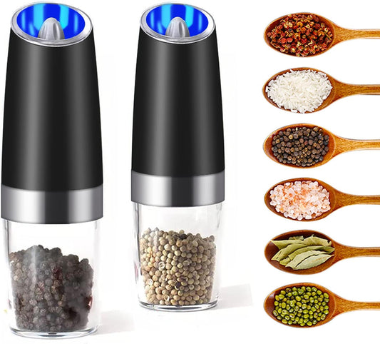 Electric Salt and Pepper Grinder Set,Electric Pepper Grinder Battery Operated,Gravity Salt and Pepper Grinder Set,Adjustable Coarseness with Blue Light Pack of 2 Black(Batteries Not Included)