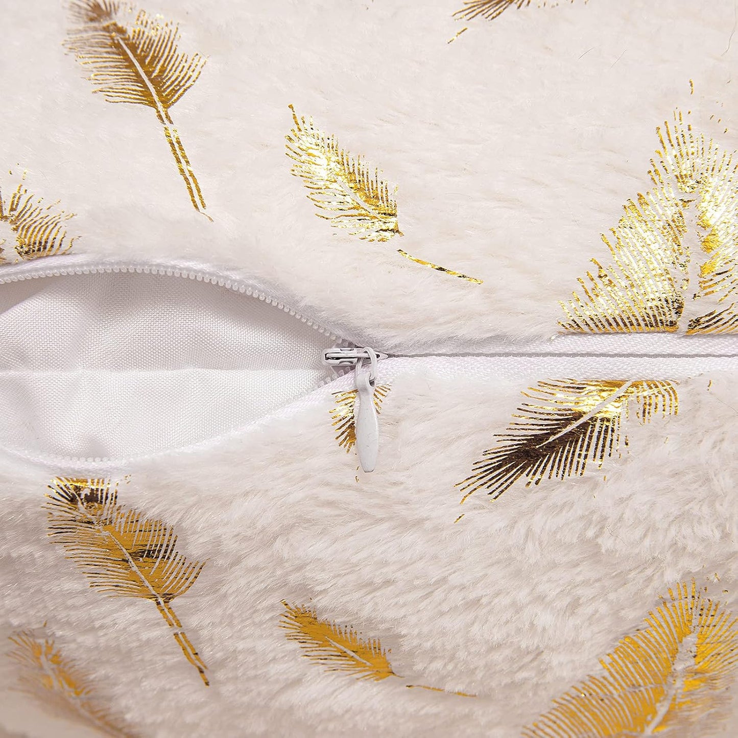 Pack of 2 Decorative Throw Pillow Covers Plush Faux Fur with Gold Feathers Gilding Leaves Cushion Covers Cases Soft Fuzzy Cute Pillowcase for Couch Sofa Bed, 18 X 18 Inch, Ivory