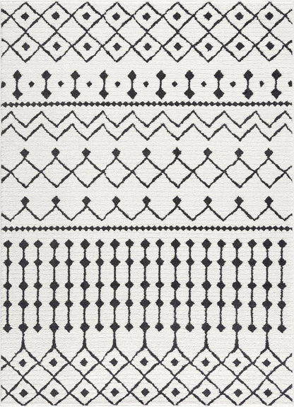 Ringwood Boho Moroccan Geometric Shag Area Rug for Living Room, Bedroom, Dining Room - Bohemian, Transitional - High Pile - Black and White, Charcoal - 8' 10" X 12'