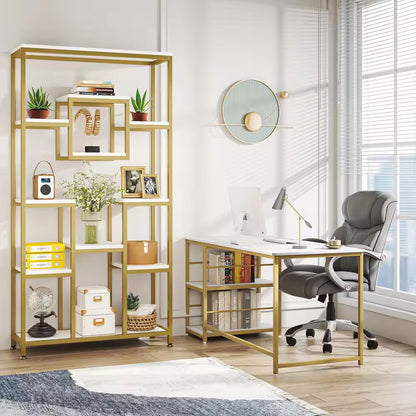 Frailey 71 In. Gold White Tall 11-Tier Large Open Display Bookshelf Geometric Cubed Bookcase Modern Storage Home Office