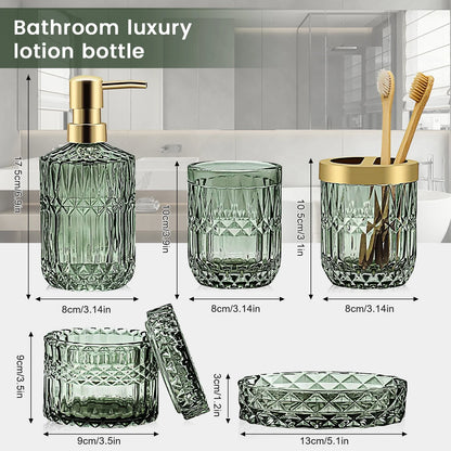 5Pcs Bathroom Accessories Set, Modern Glass Bathroom Accessories with Lotion Soap Dispenser, Soap Dish, Toothbrush Holder, Tumbler, Cotton Swab Jars, Perfect for Bathroom Theme Gift,Green