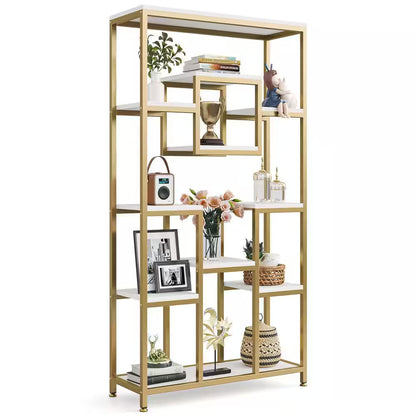 Frailey 71 In. Gold White Tall 11-Tier Large Open Display Bookshelf Geometric Cubed Bookcase Modern Storage Home Office