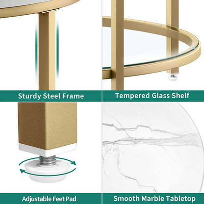 Dexturs 2-Tier round Coffee Table Marble Center Cocktail Table with Glass Open Storage Shelf, White