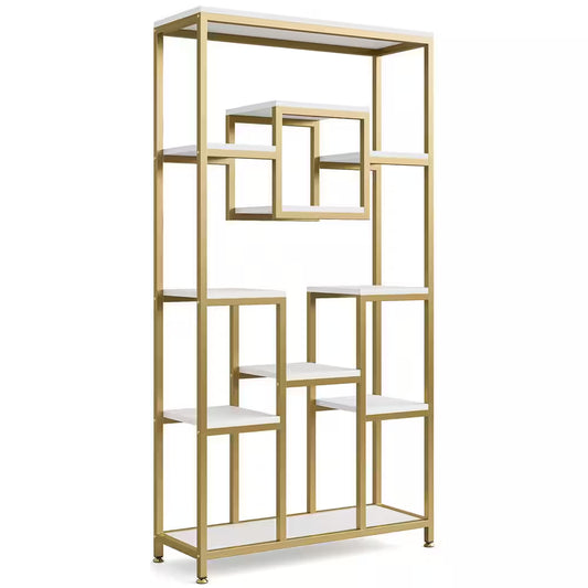Frailey 71 In. Gold White Tall 11-Tier Large Open Display Bookshelf Geometric Cubed Bookcase Modern Storage Home Office