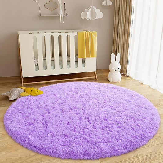 Fluffy round Rug for Kids Room, Soft Circle Area Rugs for Girls Bedroom, Cute Princess Castle Nursery Rug Shaggy Circular Carpet for Teens Girls Baby Bedroom Home Decor, 5 X 5 Feet Purple