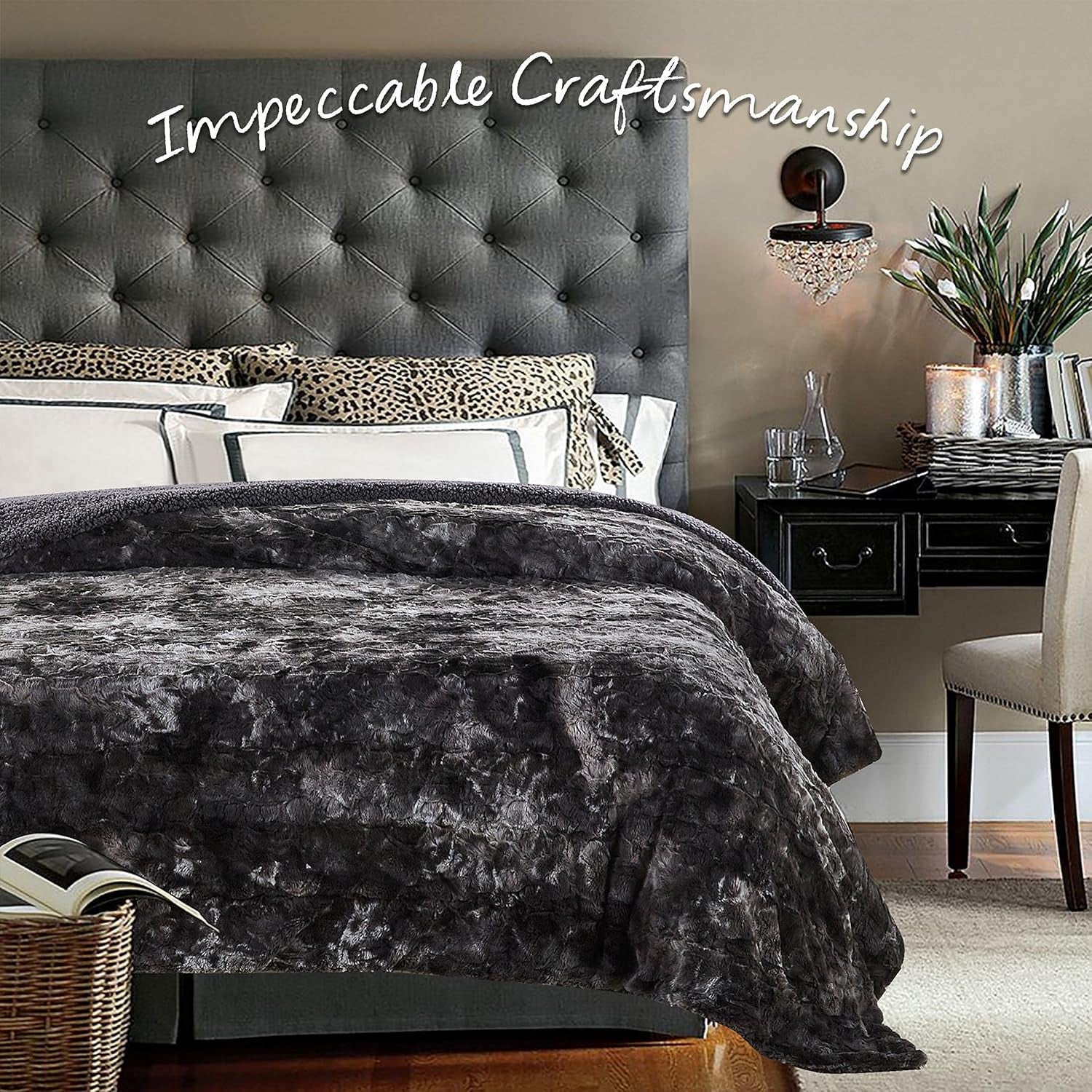 Premium Wolf Faux Fur Throw Blanket - Soft, Fuzzy Sherpa & Minky Throw Blanket - for Bed or Couch - 50" X 65” - Gray