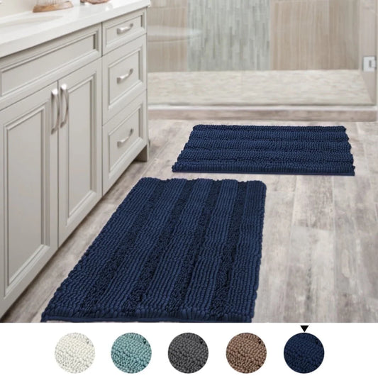 Chenille Shaggy Rug Collection Contemporary Solid Print Navy Microfiber Polyester Bath Rugs, 20" X 32" plus 17" X 24", Machine Washable, 2 Count