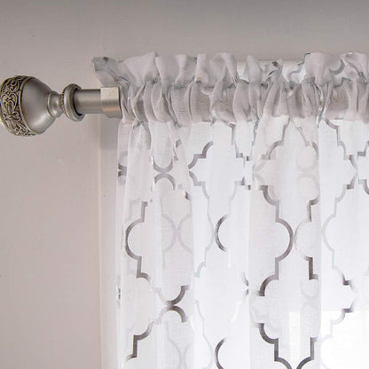 White and Silver Sheer Curtains 84 Inches Long Rod Pocket Moroccan Shiny Metallic Print Voile for Living Room 2 Panel W52 X L84 Inches