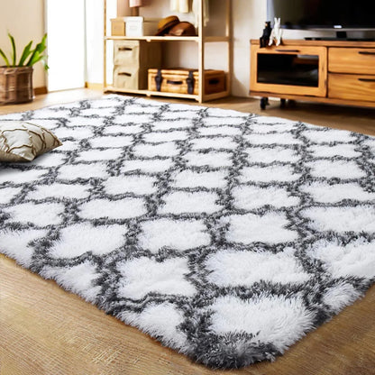Shag Geometric Area Rug Plush Fluffy Rugs Soft Moroccan Carpets for Bedroom Living Room Home Decor Mat,6'X9',White/Black
