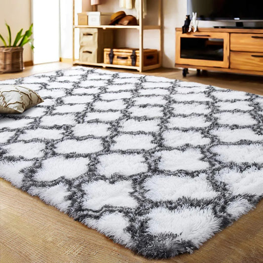 Shag Geometric Area Rug Plush Fluffy Rugs Soft Moroccan Carpets for Bedroom Living Room Home Decor Mat,6'X9',White/Black