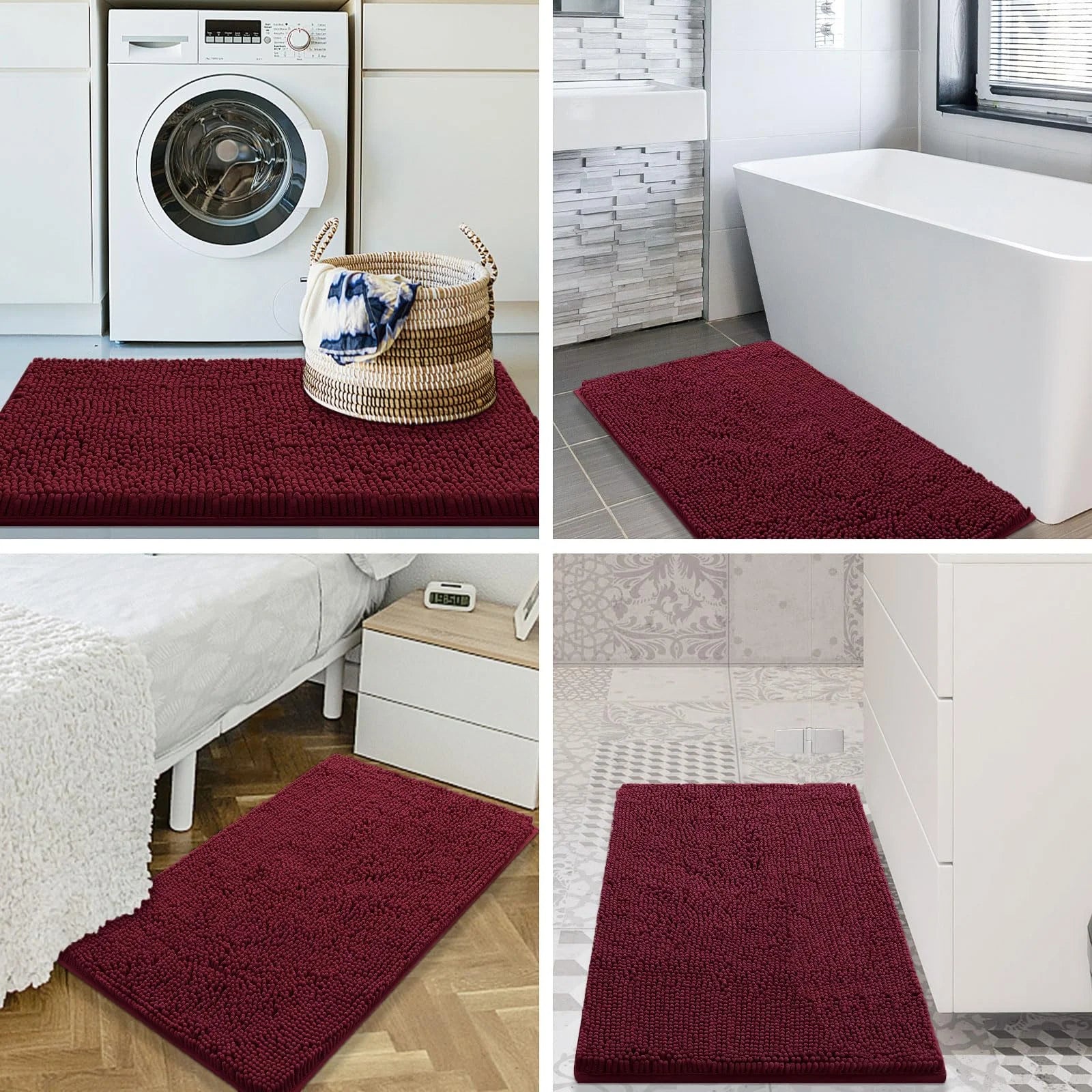 Luxury Chenille Bathroom Rugs, Extra Soft and Absorbent Bath Mat, Wine Red, 17"X47"