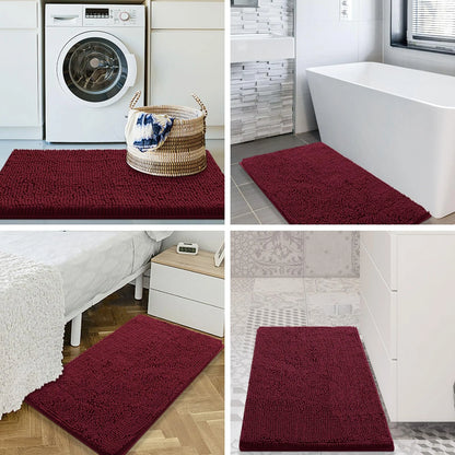 Luxury Chenille Bathroom Rugs, Extra Soft and Absorbent Bath Mat, Wine Red, 17"X47"
