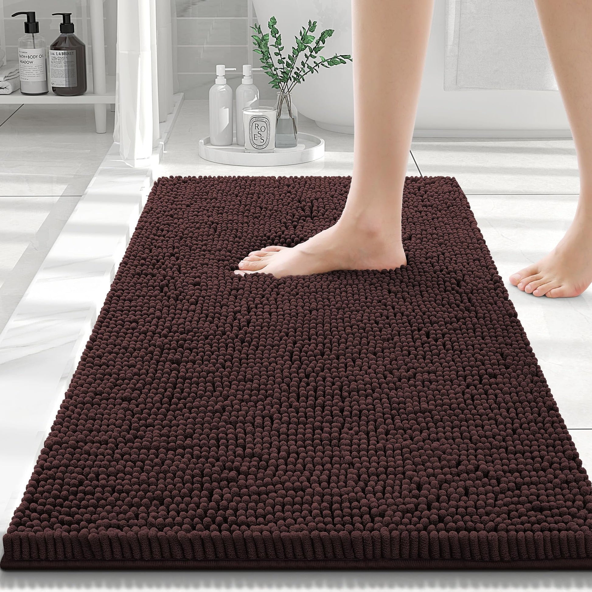 Luxury Chenille Bathroom Rugs, Extra Soft and Absorbent Bath Mat, Brown, 20"X30"