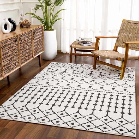 Ringwood Boho Moroccan Geometric Shag Area Rug for Living Room, Bedroom, Dining Room - Bohemian, Transitional - High Pile - Black and White, Charcoal - 8' 10" X 12'