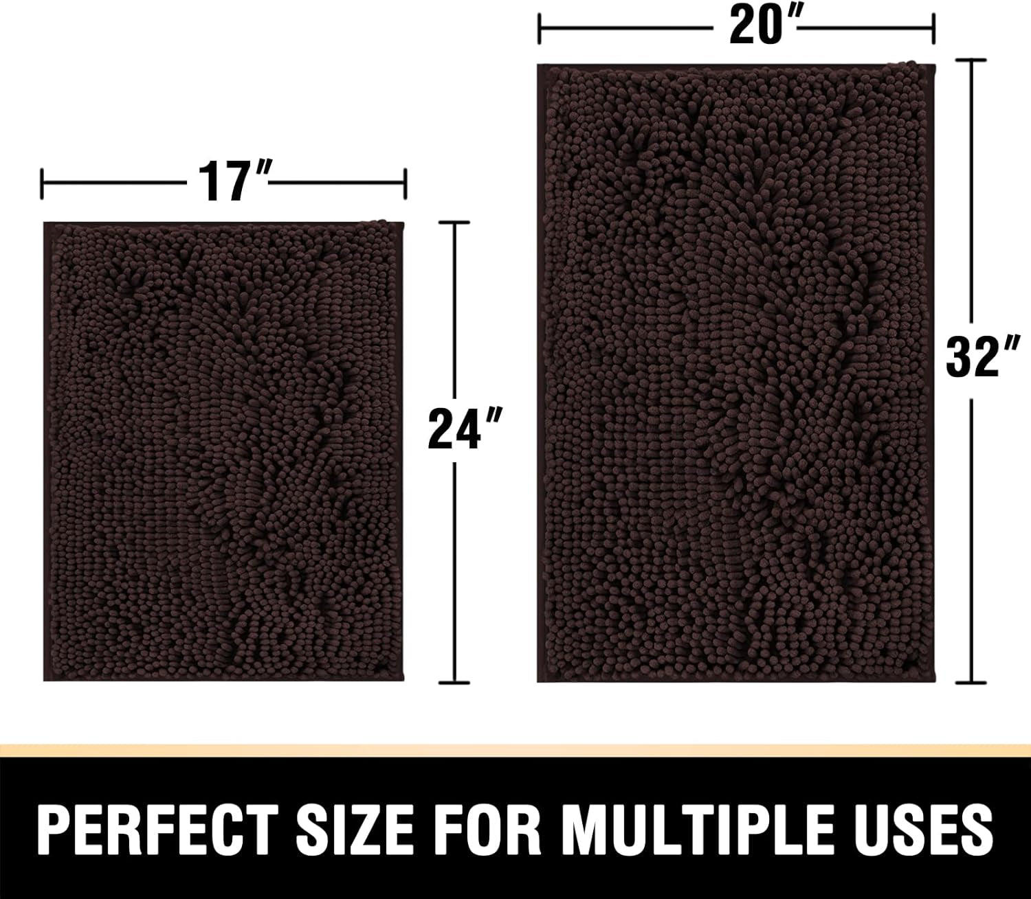 Bathroom Rugs Bath Mats for Bathroom Non Slip Luxury Chenille Bathroom Rugs Extra Soft Absorbent Shaggy Bathroom Mat Rugs Washable Fast Dry 2 Piece (Chocolate, 20" X 32"/17" X 24")