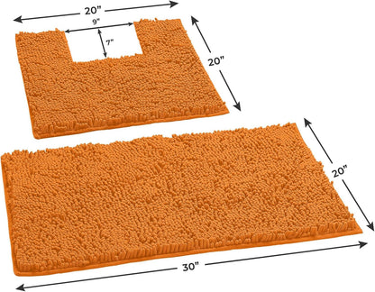 Orange Bathroom Rugs Chenille 2-Piece Bath Mat Set, Soft Plush Bath Rug +Toilet Mat.1'' Microfiber Shaggy Carpet, Super Absorbent Machine Washable - Square Curved Set (20”X 30” + 20”X20” U, Orange)