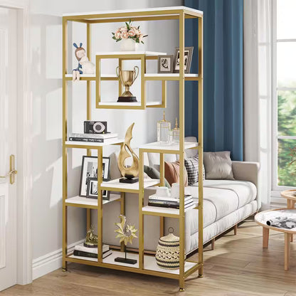 Frailey 71 In. Gold White Tall 11-Tier Large Open Display Bookshelf Geometric Cubed Bookcase Modern Storage Home Office