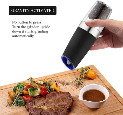 Electric Salt and Pepper Grinder Set,Electric Pepper Grinder Battery Operated,Gravity Salt and Pepper Grinder Set,Adjustable Coarseness with Blue Light Pack of 2 Black(Batteries Not Included)