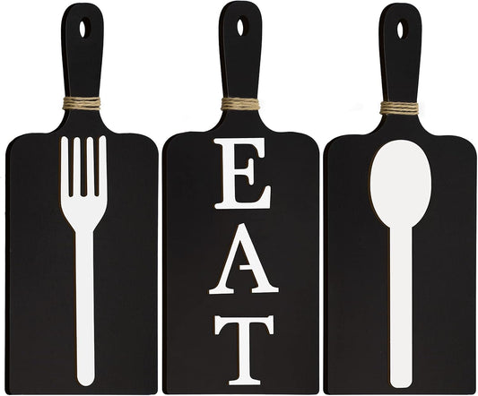 3 Pieces Spoon and Fork Wall Decor Cutting Board Eat Wood Sign Wall Decor Rustic Farmhouse Wall Hanging Wooden Kitchen Decor for Home Dining Living Room Bar Cafe Decoration (Dark Color)