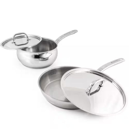 Belly Shape 4-Piece 18/10 Stainless Steel Skillet and Saucepan Set, SS Lid
