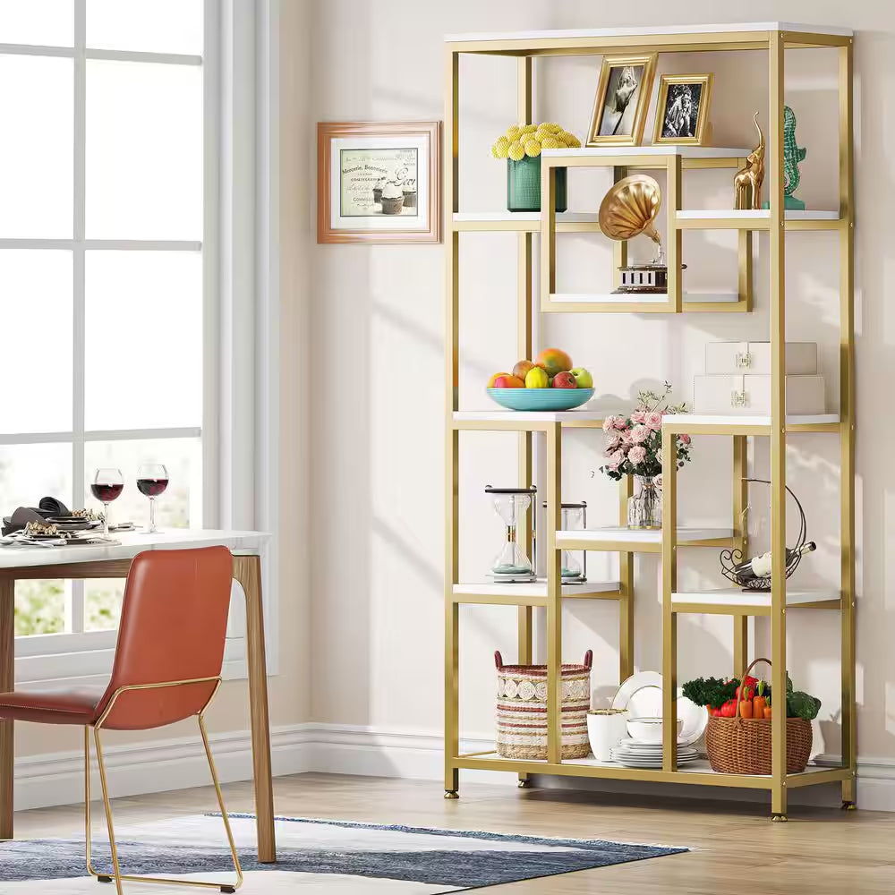 Frailey 71 In. Gold White Tall 11-Tier Large Open Display Bookshelf Geometric Cubed Bookcase Modern Storage Home Office