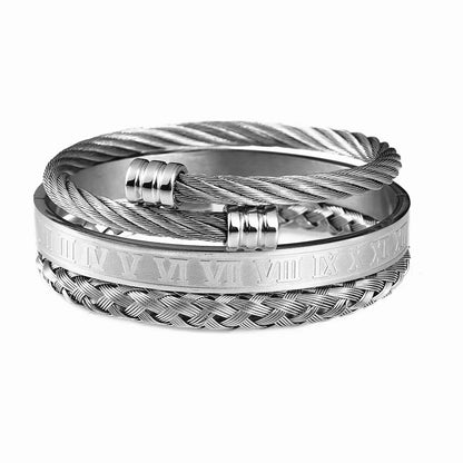 Luxury 3-piece Stainless Steel Bracelet Set with Roman Numeral Charm in Gold Color for Men